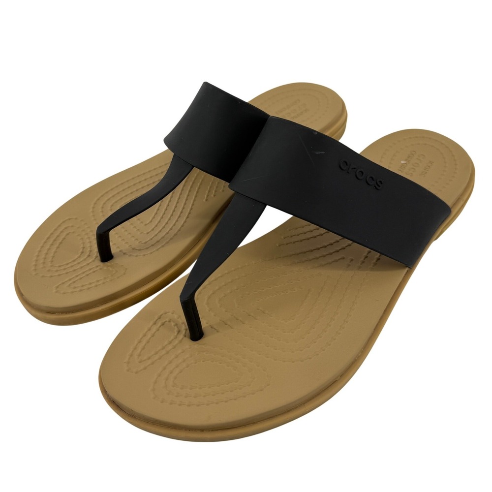 Crocs Tulum Flip Flop Sandal Black Tan Women 9 Slip On Casual Comfy Beach